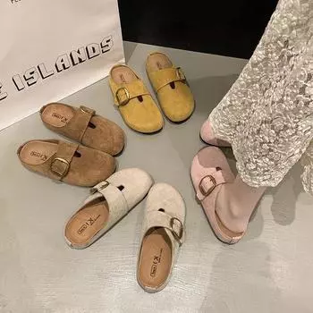 Тапочки Baotou женские сандалии модная одежда 2025 года новая весна и осень без каблука Boken матовый желтый плоский каблук женские 35 коричневый