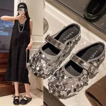 Тапочки Baotou женские весна-лето новые блестки бант толстая подошва мода с обувью Mueller ленивые туфли женская обувь 35 серебряный