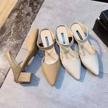 Тапочки Baotou женские, весна-осень 2025 года, новая корейская версия, верхняя одежда на среднем каблуке, классные тапочки, сандалии с одним словом на толстом каблуке для женщин 35 абрикосовый