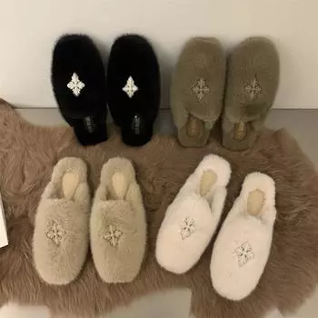 Тапочки Baotou женские зимние 2024 года корейская версия фея норка мохнатые тапочки женская одежда плоская обувь muller 35 чёрный