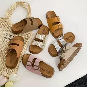 Тапочки Bocken из натуральной кожи женские с толстой подошвой и широким носком, двухрядные пряжки, нескользящая пляжная обувь, летняя одежда для улицы, сандалии Bocken, тапочки 35 серебряный