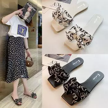 Тапочки большого размера на плоской подошве для женской верхней одежды, лето 2025, новая корейская версия, тапочки с бантом и одним словом для женщин 35 белый