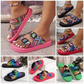 Тапочки большого размера с толстой подошвой и пряжкой на ремне, женская верхняя одежда, цветные пляжные сандалии и тапочки с граффити 42EU/CN43