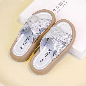 Тапочки для девочек 2024 года, летняя новая детская мода, универсальные сандалии со сверкающими пайетками, пляжная обувь принцессы для девочек на время отпуска 26 чёрный
