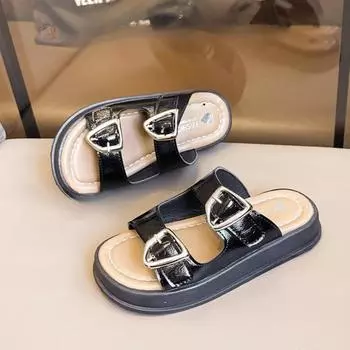 Тапочки для девочек с толстой подошвой, летние, с открытым носком, детские, повседневные, пляжные тапочки, модные, нескользящие, детские, вырезы, уличные тапочки, мюли 26 чёрный