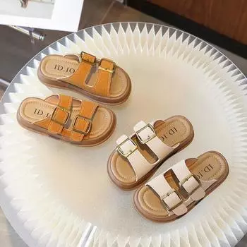 Тапочки для девочек в стиле ретро Boken Shoes 2024 Летние новые детские универсальные пляжные туфли для отпуска Модные сандалии для мальчиков на открытом воздухе Грязенепроницаемые 23 бежевый