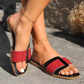 Тапочки для иностранных товаров женские 2025 года новые удобные квадратные головки для ленивых людей носят односимвольные плоские подошвы с каменным узором большого размера 36 зелёный