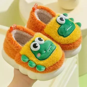 Тапочки для мальчиков и девочек, хлопковые, зимние, новые, универсальные, мягкие, с рисунком динозавра, милые, с круглым носком, детские, модные, повседневные, нескользящие, на плоской подошве 14-15 жёлтый