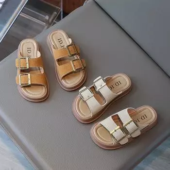 Тапочки для мальчиков и девочек, летняя детская обувь, модная обувь с открытым носком, толстая подошва, повседневные, нескользящие, пляжные, без застежек, универсальные 23 коричневый