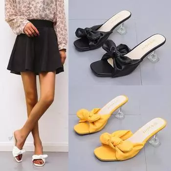 Тапочки для отдыха, женские базовые шлепанцы, повседневная необычная обувь на высоком каблуке, женские однотонные летние тапочки с узлом-бабочкой, большие размеры 36 красный