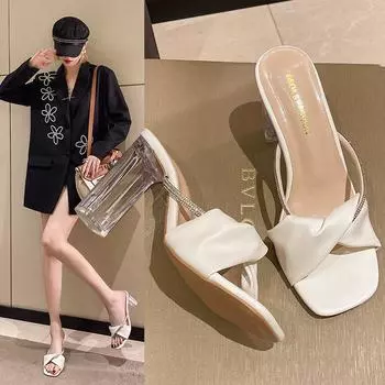 Тапочки для отдыха, женские базовые шлепанцы, повседневные прозрачные туфли на высоком квадратном каблуке для женщин, блестящие летние плиссированные тапочки 34