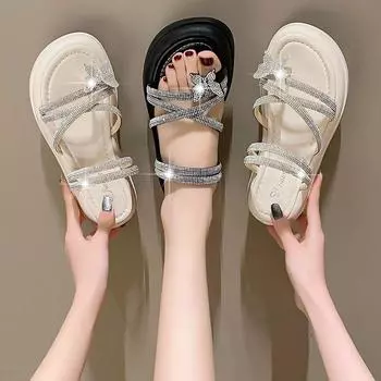 Тапочки для отдыха, женские шлепанцы, повседневная женская обувь на плоской платформе, на среднем каблуке, блестящие летние тапочки с узлом бабочкой, большие размеры, Zapatos 35 бежевый