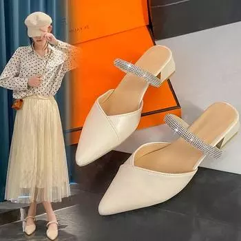Тапочки для отдыха, женские шлепанцы, туфли-лодочки, обувь на квадратном среднем каблуке для женщин, однотонные блестящие тапочки с острым носком, большие размеры 35 бежевый