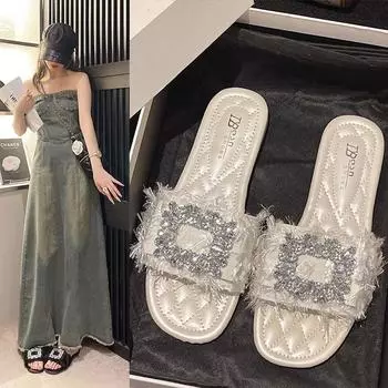 Тапочки для отдыха, женские шлепанцы, женская обувь на низком каблуке, летняя обувь с открытым носком, блестящими кристаллами и квадратной металлической пряжкой 35 бежевый