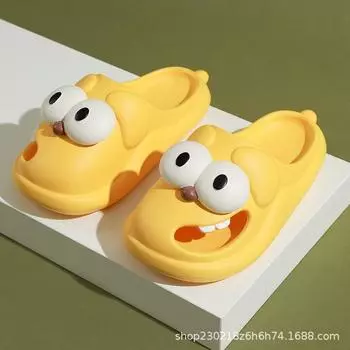 Тапочки для собак с большими глазами, женская летняя уличная одежда для использования в помещении, нескользящая обувь на толстой подошве, симпатичные туфли с открытым носком и дырочками, классные тапочки 36-37(Fit 22.5-23cm) жёлтый