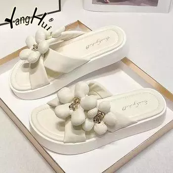 Тапочки для улицы 2024 года, новые летние новые цветы, высокие красивые женские сандалии, толстая подошва, увеличивающая рост, мягкая обувь на плоской подошве 36-37 белый