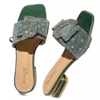 Тапочки для женщин 2024 года, новые летние сандалии на толстом каблуке со стразами для женщин, модные женские сандалии на плоской подошве для улицы 35