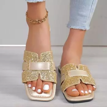 Тапочки для женщин Летние сандалии Повседневные шлепанцы Женские пляжные тапочки Плоская обувь Женские роскошные тапочки Zapatos De Mujer 36 золотой