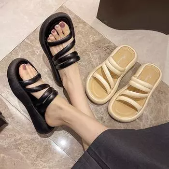 Тапочки для женщин Летняя обувь Толстая подошва Повседневные мягкие пляжные сандалии Твердые плоские тапочки Домашняя верхняя одежда Шлепанцы Женская обувь 36 бежевый