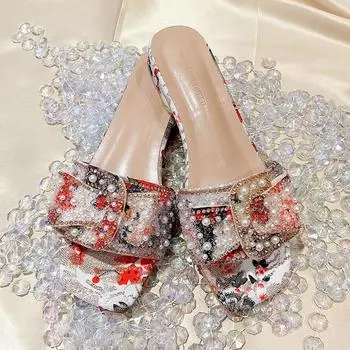 Тапочки для женщин, новые летние сандалии на толстом каблуке со стразами для женщин, модные женские сандалии на плоской подошве для улицы 35