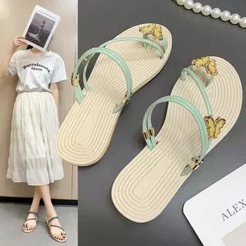 Тапочки для женских летних прогулок, новые сандалии 2024 года с носком-бабочкой, пляжные сандалии, сандалии 35 чёрный