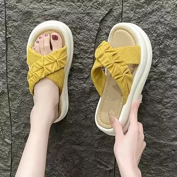 Тапочки-феи женские летние плиссированные с перекрестными ремешками повседневные сандалии-тапочки с толстой подошвой модная женская летняя обувь дышащая для жаркой погоды 35