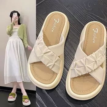 Тапочки-феи, женские летние уличные плиссированные с перекрестными ремешками, повседневные плоские сандалии, тапочки, модная женская летняя обувь, дышащая для жаркой погоды 34