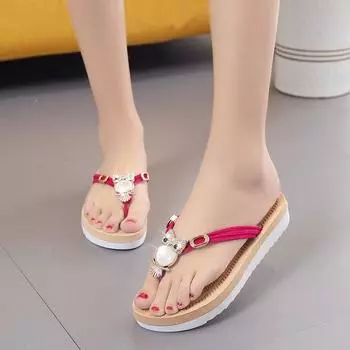 Тапочки Foreign Trade женские летние 2025 года с плоской подошвой, нескользящие, сова, милые, повседневные, универсальные, с узором «елочка» для женщин 35 красный