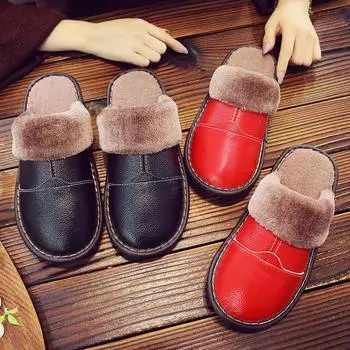 Тапочки Haining из натуральной кожи с меховой подкладкой из коровьей шкуры — уютное тепло для пар осенью и зимой Size 26 (US 37-38) ярко-красный