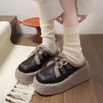 Тапочки из хлопка Baotou, женские, осенне-зимние, на платформе, на танкетке, в стиле ретро, полумюли, тапочки с пряжкой на ремне, повседневные, на высоком каблуке, шлепанцы 35 бежевый