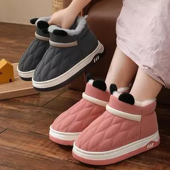 Тапочки из хлопка для родителей и детей, водонепроницаемая обувь из хлопка с кожаным покрытием, зимние женские утолщенные домашние тапочки с высоким берцем из хлопка 24-25 серый