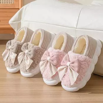 Тапочки из хлопка с бантом, новые туфли для женщин, домашняя обувь на осень-зиму, теплые повседневные меховые тапочки, туфли без застежек на мягкой подошве из хлопка 36-37