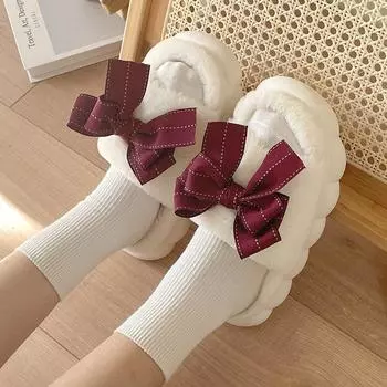 Тапочки из хлопка с бантом женские домашние милые плюшевые нескользящие домашние на четыре сезона 36-37 розовый