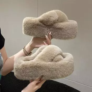 Тапочки из искусственного меха с мехом, женская верхняя одежда, осень и зима, толстая подошва, ленивые, плюшевые, крест-накрест, повседневные, удобные, модные, хлопковые тапочки 35 чёрный