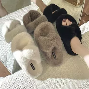 Тапочки из искусственного меха с мехом, женская верхняя одежда, осенне-зимняя, с толстой подошвой, для пожилых людей, с ощущением плюша, повседневные, удобные, модные, домашние тапочки 35 чёрный