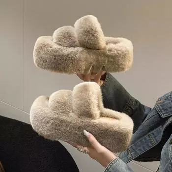 Тапочки из искусственного меха с мехом, женские, осенние и зимние, с двумя полосками, на плоской подошве, повседневные, удобные, модные, одно слово, толстая подошва, теплые, хлопковые тапочки 35 чёрный