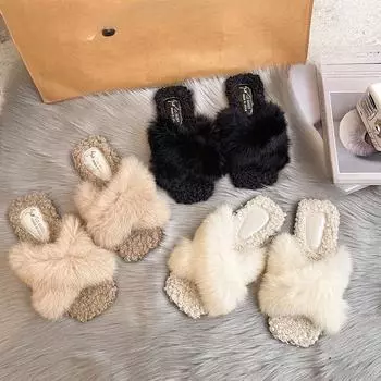 Тапочки из искусственного меха с мехом, женские, осенне-зимние, для улицы, повседневные, удобные, модные, с плоской подошвой, с одним словом 35 чёрный