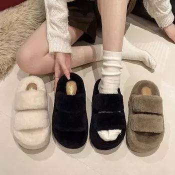 Тапочки из искусственного меха с толстой подошвой, женские, осенне-зимние, хлопковые тапочки A Word, плюшевые, бархатные, на высоком каблуке, меховые туфли 34 чёрный