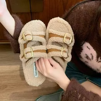 Тапочки из искусственного меха с толстой подошвой, женская верхняя одежда, модные осенне-зимние удобные плюшевые хлопковые тапочки с пряжкой на ремне 35 хаки