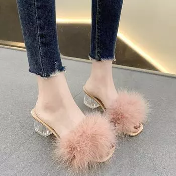 Тапочки из искусственного пушистого меха на высоком каблуке, женская пикантная летняя женская обувь, босоножки на квадратном каблуке, женская обувь с квадратным носком для свадебной вечеринки 35 зелёный