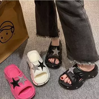 Тапочки из ЭВА с пятиконечной звездой, летние плотные домашние сандалии на платформе, верхняя одежда, нескользящие модные пляжные тапочки на возвышении, женские 36-37(fit 35-36) белый