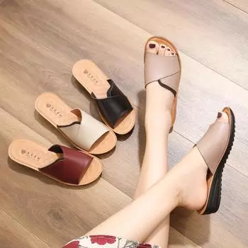 Тапочки из коровьей кожи первого слоя, женские, мягкая подошва, нескользящая кожа, летом, для людей среднего возраста и пожилых людей, сандалии с плоской подошвой для людей среднего возраста 35