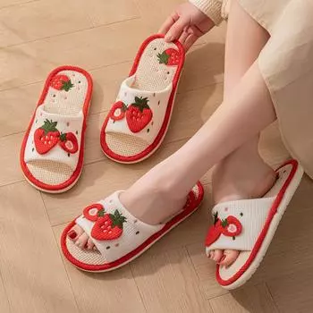 Тапочки из льна клубники женские дышащие мягкие подошвы нескользящие домашние туфли милые бесшумные тапочки на все сезоны 36-37