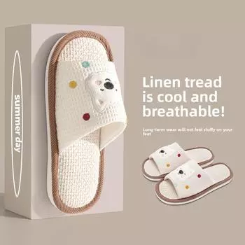 Тапочки из льна с рисунком для мужчин, тихие дышащие домашние тапочки для дома, милые открытые тапочки из хлопка и льна для женщин 36-37