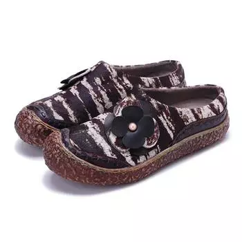 Тапочки из натуральной кожи Johnature с конским волосом в стиле ретро с цветочным принтом, удобные женские туфли без застежек 36 чёрный