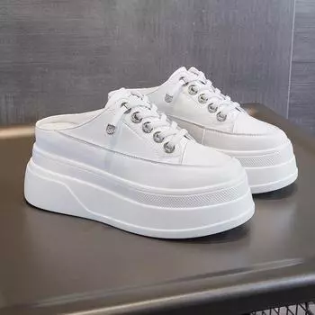 Тапочки из натуральной кожи, женская повседневная обувь, женские тапочки на платформе, на шнуровке, белые туфли с увеличенным каблуком, низкая женская обувь 34 белый