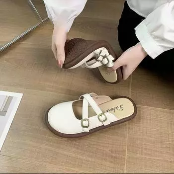 Тапочки из натуральной кожи, женские художественные сандалии с простым ремнем, женская обувь с мягкой подошвой, летние тапочки 39 бежевый