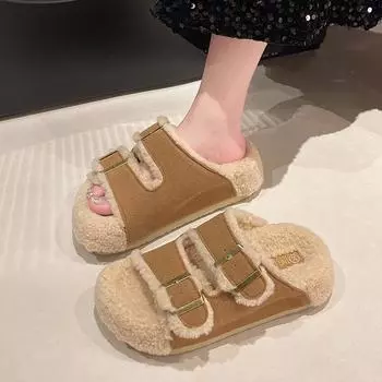 Тапочки из овечьей шерсти с нескользящей плоской подошвой, удобные, с пряжкой на ремне, пушистые, женская одежда, зимняя, универсальная, с толстой подошвой, из кожи, одно слово, перетаскивание 35 бежевый
