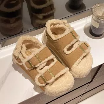 Тапочки из овечьей шерсти с нескользящей плоской подошвой, удобные, с пряжкой на ремне, пушистые, женская одежда, зимняя, универсальная, с толстой подошвой, из кожи, одно слово, перетаскивание 35 жёлтый