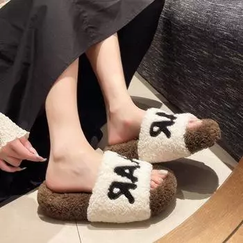 Тапочки из овечьей шерсти женские 2024 новые m черно-белые замшевые однословные швабры осенне-зимняя домашняя одежда хлопковая швабра 35 чёрный